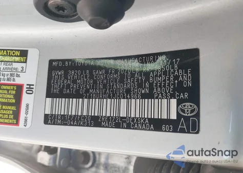 2018 Toyota Corolla Se из США, поврежденный, VIN 2T1BURHE1JC014966